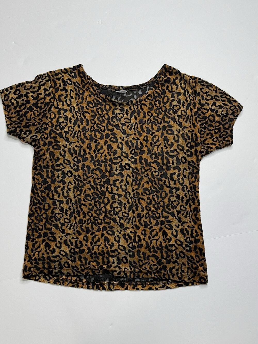 Leopard Velvet Burnout Top Womens Brown Black Sheer Short Sleeve See Through